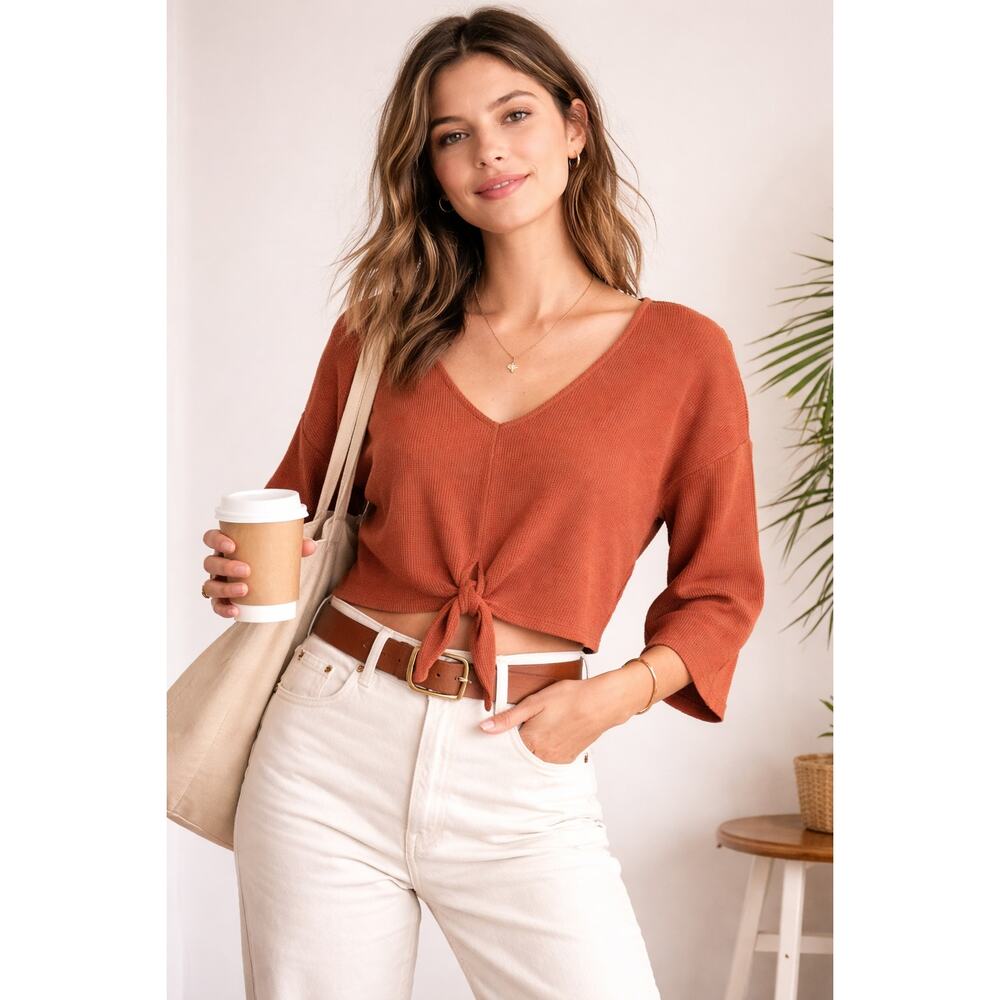 Madewell Texture &‎ Thread Rust Tie Front Top Crop Knit Boho Minimalist Size M